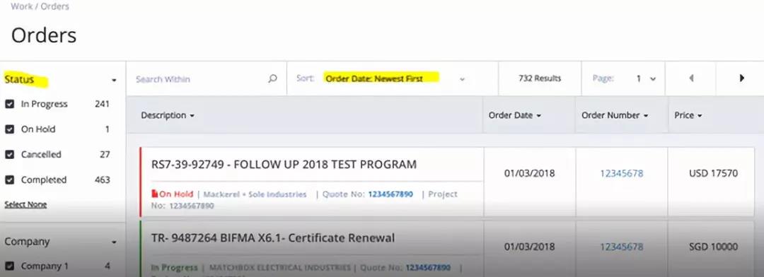 进入订单界面，您可以通过 “Status” 或 “Order Date” 举行筛选